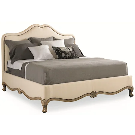 "French Kiss" California King Size Upholstered Bed with Exposed Wood Carving Details and Nail Head Trim